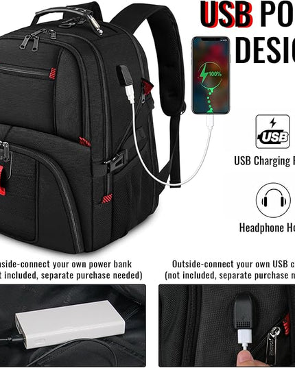 YOREPEK Large Backpack for Men, Extra Large Laptop Backpacks for Men Women, Water Resistant Travel Backpack Airline Approved Business Work Bag with USB Charging Port Fits 17 Inch Computer, Black