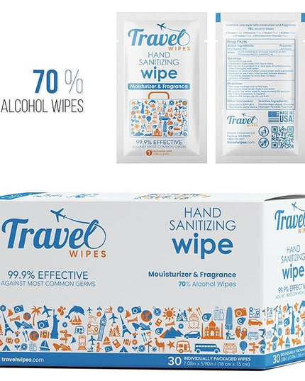 Hand Sanitizing Travel Wipes – 30ct Individually Wrapped | Fresh Citrus Scent, Moisturizing, 70% Alcohol Wipes | Travel, Home, Office, Daily Use | Made in USA