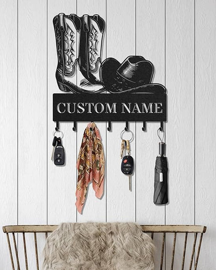 LOWACOS Personalized Key Holder for Wall, Custom Metal Cowboy Key Hooks with Name, Meta Jacket Holder Hooks Organizer Rack, Jacket Hanger Decor for Kitchen, Entryway, Hallway, Office, Doorway