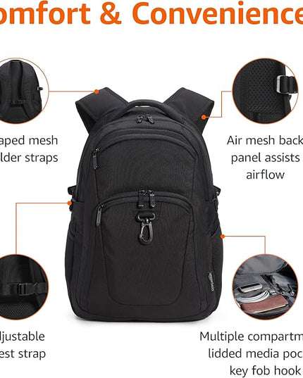 Amazon Basics Travel Laptop Backpack for 15.6 inch Laptop, Black | for 15.6 inch Laptop