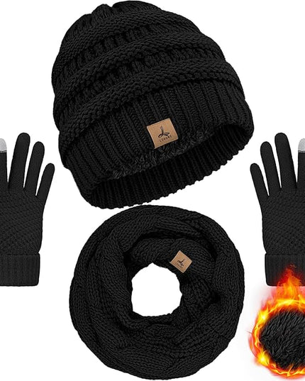 Winter Beanie Hat Scarf Gloves, Warm Fleece Knit Hats Touch Screen Gloves Neck Scarf Set Winter Gifts for Unisex Adult