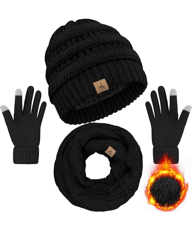 Winter Beanie Hat Scarf Gloves, Warm Fleece Knit Hats Touch Screen Gloves Neck Scarf Set Winter Gifts for Unisex Adult
