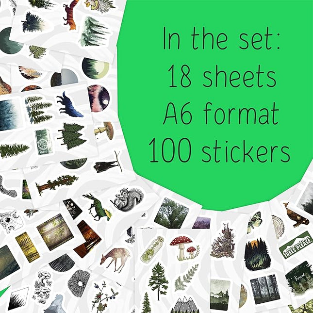 BulbaCraft 100Pcs Forest Stickers for Water Bottle and Laptop - Forest Party Supplies & Decorations, Waterproof Vinyl Decals, Nature and Tree Stickers, Gifts for Women & Men