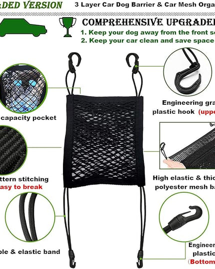 DYKESON Pet Barrier Dog Car Net Barrier with Auto Safety Mesh Organizer Baby Stretchable Storage Bag Universal for Cars, SUVs -Easy Install,Safer to Drive with Pets and Children, 2 Layer