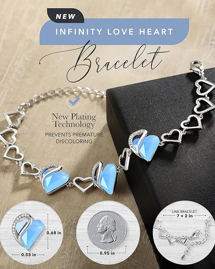 Leafael Infinity Love Heart Link Bracelets, Birthstone or Healing Stone Crystal Bracelet for Women, Silver Tone Jewelry Gifts for Her, 7-inch Chain and 2-inch Extender