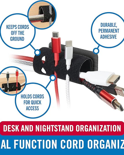 VELCRO Brand Cord Organizer for Desk Cable Management, Nightstand Organization, Unique Dual Function Cable Sleeve Cord Keepers Combo, Holds Wires for Easy Access, Route to Hide, Small 2pk Black