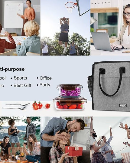 Fmeida Insulated Lunch Bags for Women Men Reusable Lunch Box Bag Lunch Tote Bag with Front&Side Pockets Leakproof Thermal Lunch Cooler for Work Picnic Beach Travel