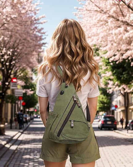 Vintage Canvas Sling Bag with Genuine Leather Zipper, 3 in 1 Crossbody, Backpack, and Chest Bag, for Travel, Hiking, 16x10x6 Inches, Green
