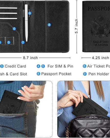 ACdream RFID BLOCKING Passport Holder Travel Wallet, Premium PU Leather Cover Passport Book with Card Holder, Pen Holder, Keep Organization, and Travel Essentials for Women and Men, Black