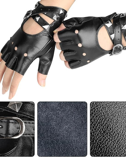 Accmor Leather Punk Gloves Fingerless Gloves for Women Driving Cycling Sports Cosplay Performance Half Finger Gloves for Women Teens Kids