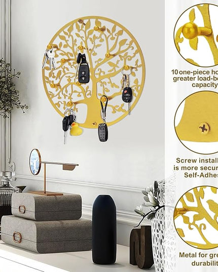 ZULONG Round Decorative Home Key Holder Wall Mount, 2 Pack Metal Tree Car Key Rack for Wall Organizer for Keys, Wallets, Hats, Used for Decor for House Entryway, Kitchen, Garage, Office (12" Gold)
