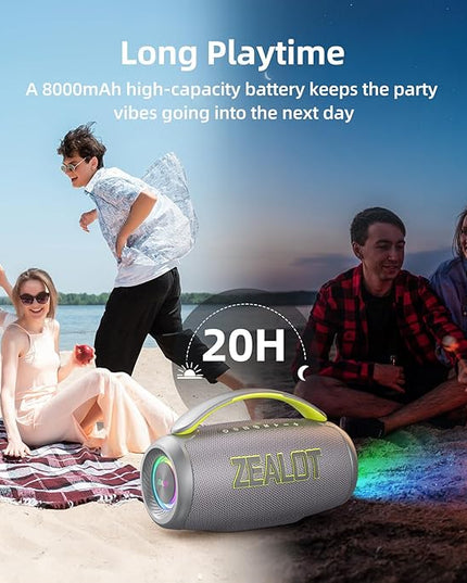 ZEALOT Portable Bluetooth Speaker, 80W Peak Waterproof Loud Booming Sound Speakers, Dual Pairing, XBass, 25H Playtime, Outdoor Speaker with Handle for Camping, Beach, Party, Backyard (Gray)