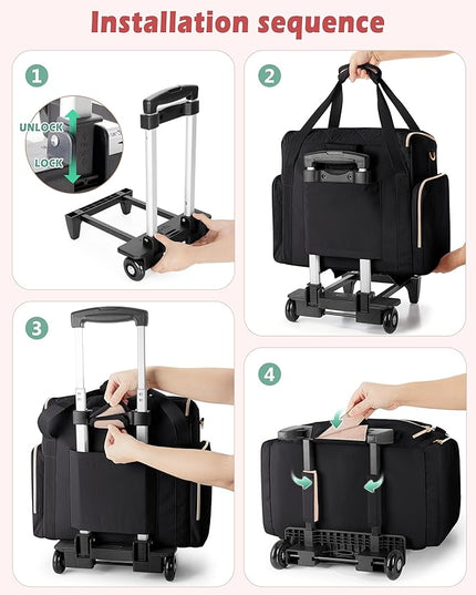 Rolling Teacher Bag with 15.6" Laptop Compartment, Wheeled Work Briefcase Tote with Detachable Trolley for Women, Black