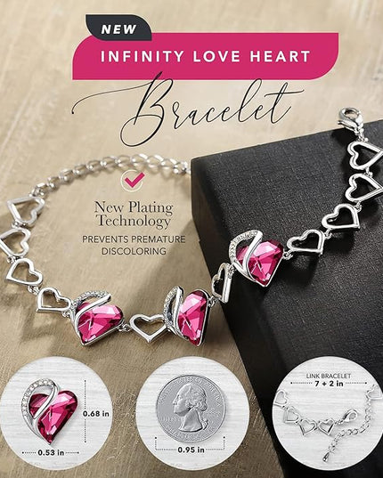 Leafael Infinity Love Heart Link Bracelets, Birthstone or Healing Stone Crystal Bracelet for Women, Silver Tone Jewelry Gifts for Her, 7-inch Chain and 2-inch Extender