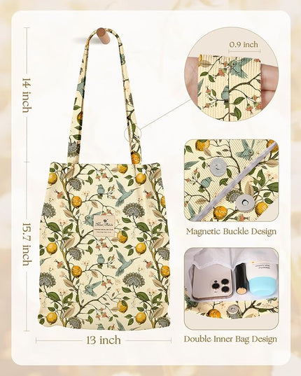 Corduroy Tote Bag for Women - Reusable Totes with Pocket & Buckle Cute Aesthetic Shoulder Bag for Work Travel