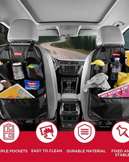 Rubbermaid Backseat Car Organizer, Kick Mats and Seat Back Protector, Car Organizer for Kids with 6 Storage Pockets, Travel Essentials for SUV, Truck, Car - 2 packs Black