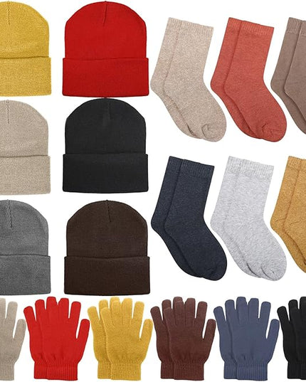 Hillban Winter Beanie Hat Gloves Set with Warm Socks Bulk, Homeless Knitted Beanie Cap Thick Thermal Winter Gloves Socks Pack