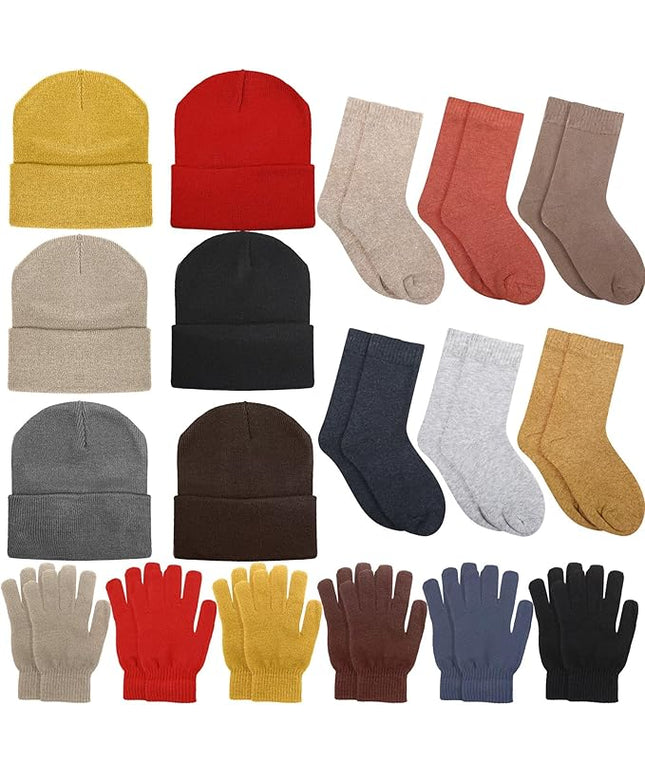 Hillban Winter Beanie Hat Gloves Set with Warm Socks Bulk, Homeless Knitted Beanie Cap Thick Thermal Winter Gloves Socks Pack
