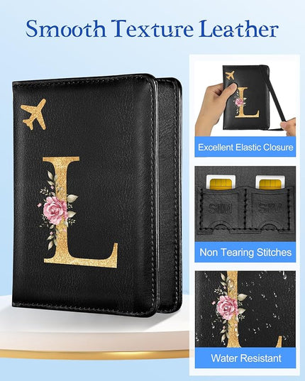 Slohif Initial Passport Holder Cover Wallet Case for Travel Women - Leather Letter Passport Book Family Multiple Personalized Organizer Card Slots Protector Sleeve Essentials Slim Carrier Black L