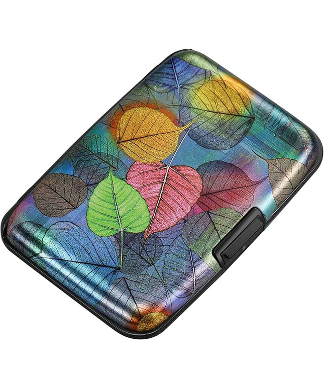 ELFISH Mini RFID Aluminum Wallet Credit Cards Holder Business Card Case Metal ID Case for Men Women（Colorful Leaves