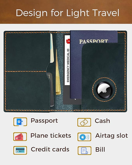 Passport Holder for Travel, Genuine Leather Passport Holder with Airtag, Rfid Passport Wallet Cover Case for Women Men, Travel Essentials Gift, Blue