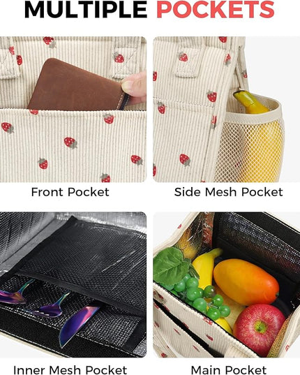 Fmeida Insulated Lunch Bag Women, 6.75L Small Lunch Bags with Multiple Pockets, Reusable Thermal Cooler Tote for Work, Office, Picnic, Travel | Hook and Loop Closure, Strawberry