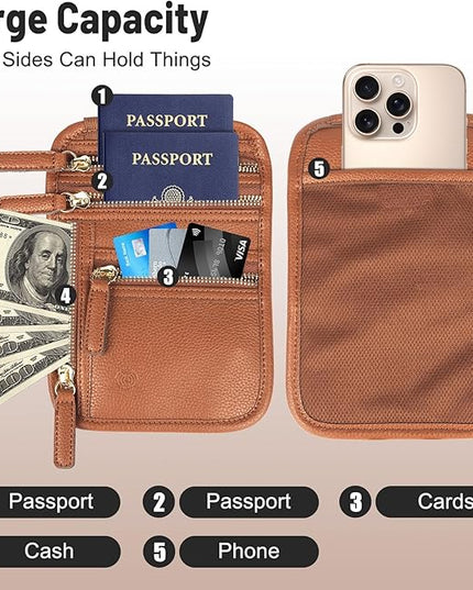 Sizobi Neck Wallet for Traveling Women Men, RFID Blocking Leather Passport Holder Travel Pouch, Family Travel Document Organizer Passport Wallets,International Travel Must Haves Travel Accessories