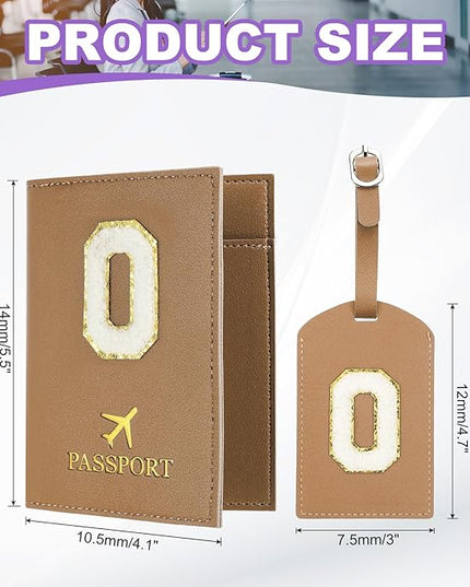 PATIKIL Passport Holder for Travel, Initial Passport Cover and Luggage Tag Set with Alphabet Chenille Letter Patch Travel Wallet Bag Suitcase Identifier for Women Family Travel Brown O