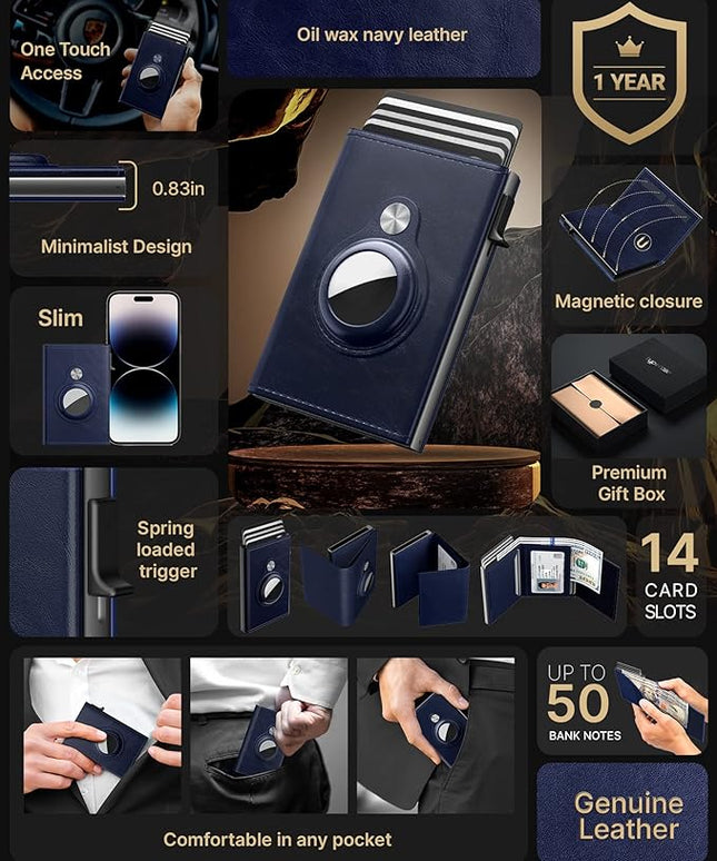 typecase Mens Wallet Card Holder for AirTag: Leather Smart Wallet for Men Compatible with Apple Air Tag, RFID Blocking, Slim, Minimalist - 9-14 Card Capacity | ID Window | Cash Slot (Navy)