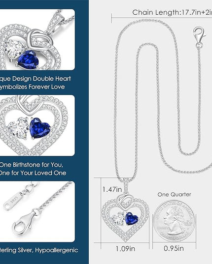 LOUISA SECRET Sparkling Double Heart Birthstone Necklaces for Women, 925 Sterling Silver Fine Jewelry, Pendant Heart Necklaces Birthday Anniversary Christmas Gift for Women Wife Mom Girlfriend Lady