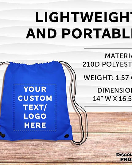 DISCOUNT PROMOS Custom Classic Polyester Drawstring Bagpack Set of 10/50/100, Personalized Bulk Pack - Great for Travelling, Gym and for Everyday Use - Royal Blue