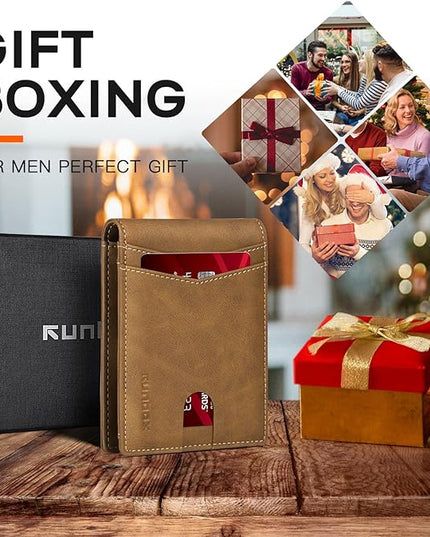 RUNBOX Wallet for Men Slim Leather Bifold RFID Blocking Minimalist Front Pocket Design with Gift Box
