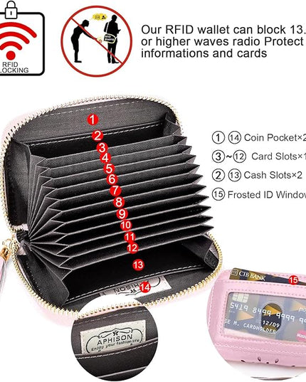 APHISON RFID Credit Card Holder Zipper Card Case Keychain Small Wallet for Women 1ZIP-LIGHT-PINK