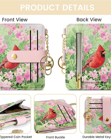 Sodsay Small Slim Wallet Women RFID Blocking, PU Leather Bifold Ladies Wallet with Zipper Coin Pocket, Thin Cute Travel Card Wallets for Girls, Pink Feathered Blossom