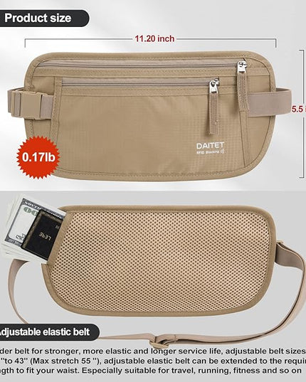 DAITET Money Belt - Passport Holder Secure Hidden Travel Wallet with RFID Blocking, Undercover Fanny Pack (Beige)