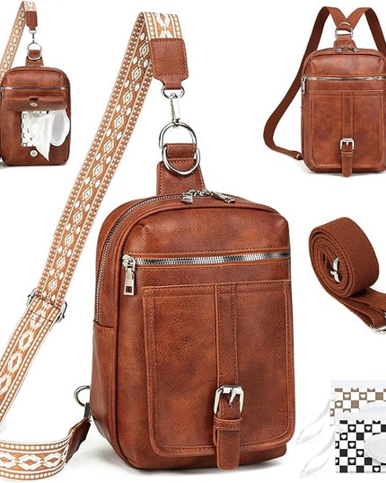 Sling Bag Crossbody Backpack - 2 in 1 Leather Cross Body Bag Fanny Pack with 2 Removable Straps
