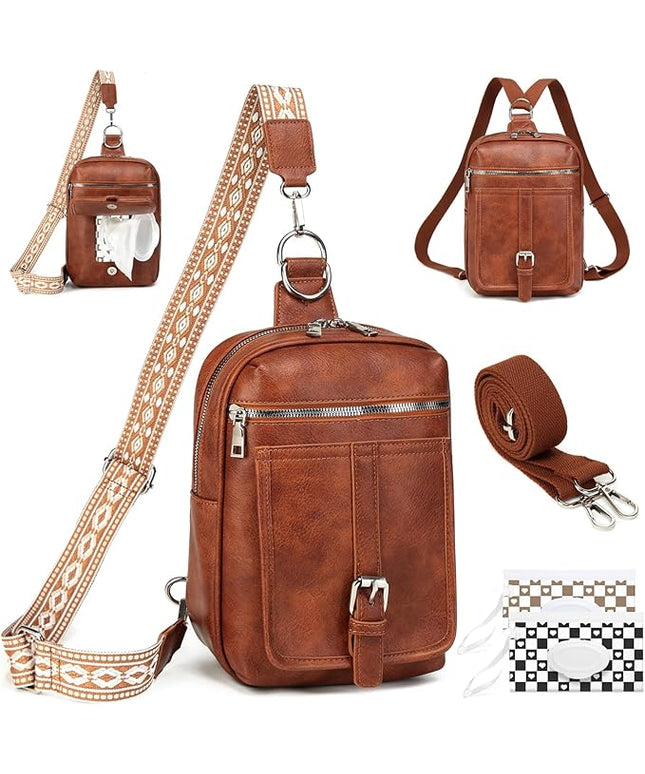 Sling Bag Crossbody Backpack - 2 in 1 Leather Cross Body Bag Fanny Pack with 2 Removable Straps