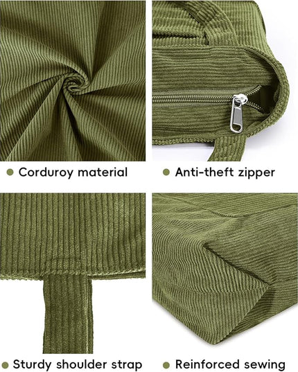 Iioscre Corduroy Tote Bag for Women,Hobo HandBags with Zipper,Large Capacity Casual Shoulder Handbags with Inner Pockets