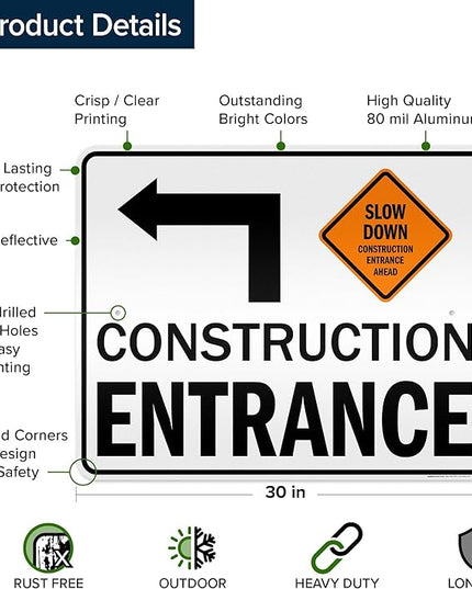 Slow Down Construction Entrance Ahead With Left Arrow Sign, 24x30 Inches, 3M EGP Reflective .080 Aluminum, Fade Resistant, Made in USA by My Sign Center