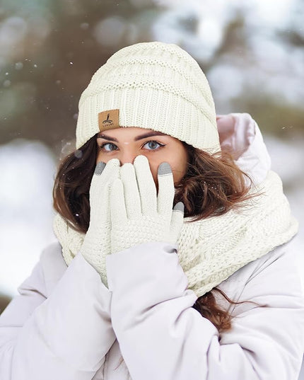 Winter Beanie Hat Scarf Gloves, Warm Fleece Knit Hats Touch Screen Gloves Neck Scarf Set Winter Gifts for Unisex Adult