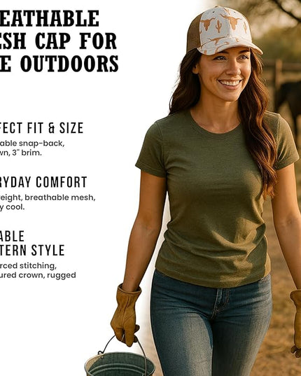 Western Trucker Charcoal Bull Cactus Baseball Cap Outdoor Punchy Mesh Snap Back with Adjustable Fit for Country Wear