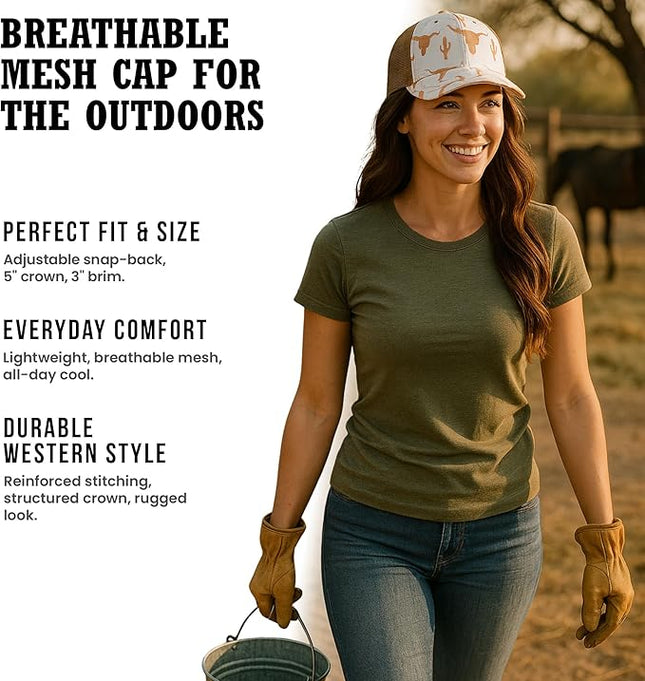 Western Trucker Charcoal Bull Cactus Baseball Cap Outdoor Punchy Mesh Snap Back with Adjustable Fit for Country Wear