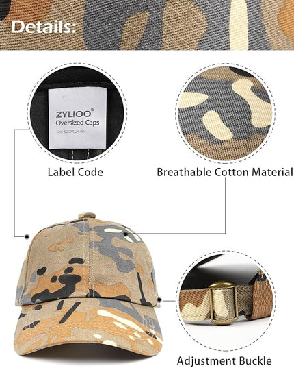 Zylioo XL XXL Oversize Baseball Cap, 100% Cotton Adjustable Dad Hat for Big Heads 23.5"-25.5", Soft Crown Large Size Cap