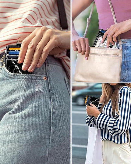 Slim Wallet Credit Card Holder, Black marble texture, RFID Wallet Women Cute Small Front Pocket Wallet With Zipper, PU Leather Thin travel RFID Blocking Card Case ID Window,Ladies Gifts