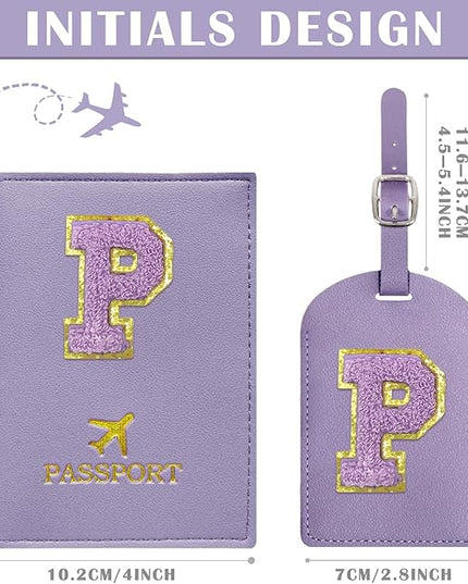 COSHAYSOO Initial Passport Cover Luggage Tag Set Purple Passport Holder, Airplane Cruise Travel Essentials Vacation Traveling Accessories Personalized Gifts for Women Teen College Girls Letter P