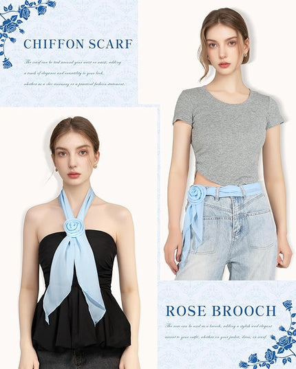 Chiffon Scarf for Women, Removable Flower Neck Scarf Light Soft Fashion Rose Scarves Versatile Headband or Hair Band