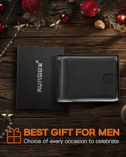 RUNBOX Slim Wallet for Men Genuine Leather RFID Blocking Bifold Minimalist Front Pocket Mens Wallet with Money Clip Thin Gift Box
