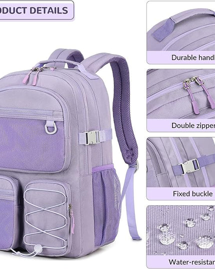 Lohol Water Resistant Backpack with Mulitiple Pockets for Travel Outdoor College, 15.6 inch Laptop Bookbag for Girl and Women (Purple)