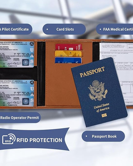 Pilot Wallet Passport Holder for Travel - RFID Blocking Genuine Leather Travel Document Holder with Gift Box Passport Wallet for Pilots Men and Women
