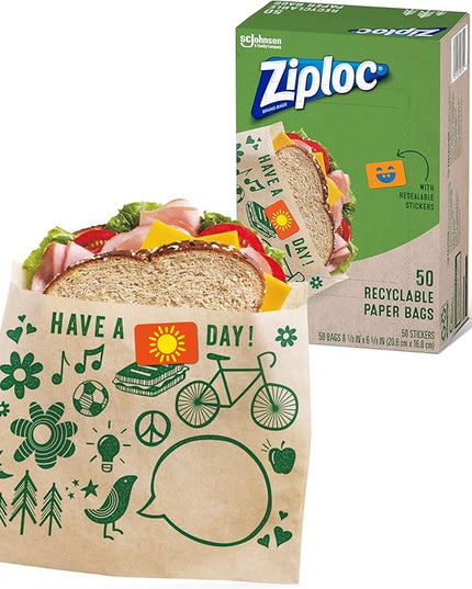 Ziploc Paper Sandwich and Snack Bags, Recyclable & Sealable with Fun Designs, 50 Bags Total